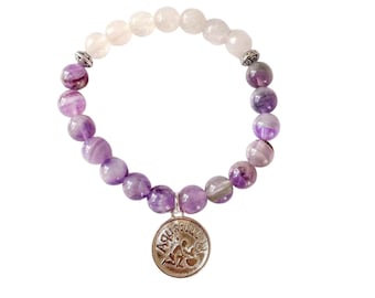 Aquarius Zodiac Bracelet, February Amethyst Birthstone Jewelry | Handmade Mala Bracelet