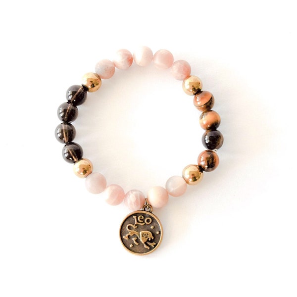 Leo Zodiac Bracelet | August Birthday | Tigers Eyes, Smoky Quartz, Pink Moon Stone aka Sun Stone, Leo Moon