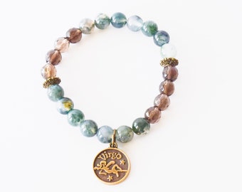 Virgo Zodiac Smoky Quartz & Moss Agate Bracelet | September Birthday Gift, Gift for her, Virgo moon,