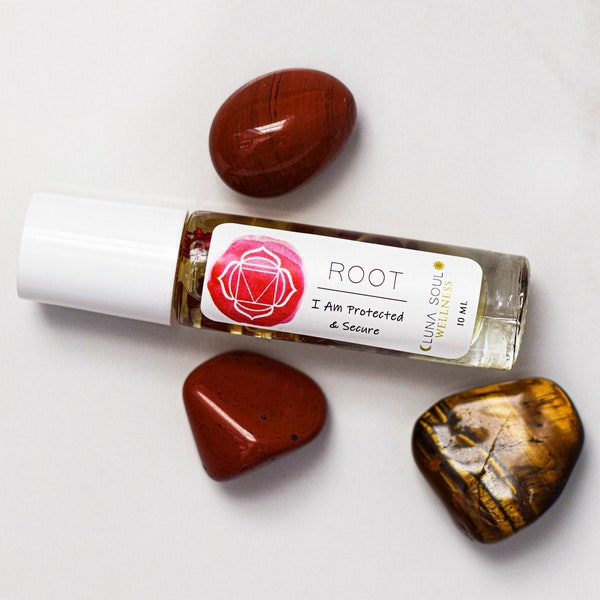 Root Chakra Essential Oil Blend With Red Jasper Crystals and Botanicals