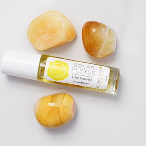 Solar Plexus Chakra Citrine Crystal Infused Essential Oil Roller, With Botanicals image 1