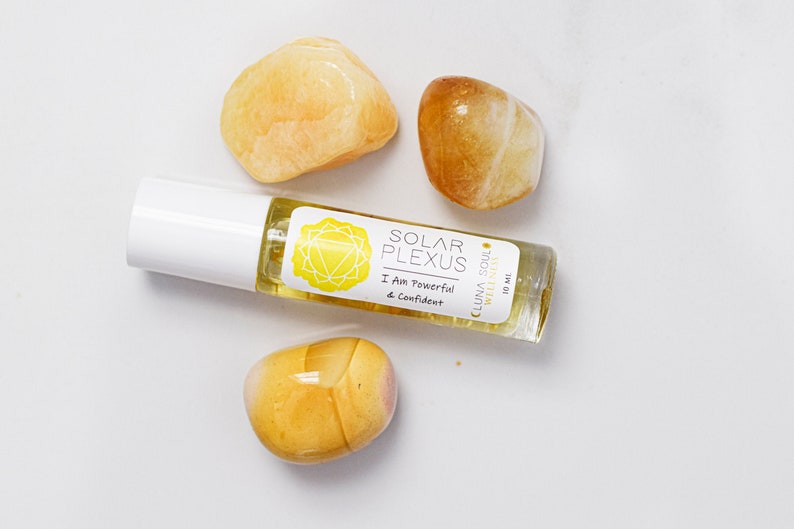 Solar Plexus Chakra Citrine Crystal Infused Essential Oil Roller, With Botanicals image 1