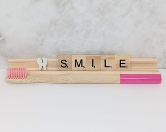 Smile Scrabble Tile Name Plate | Dental Gift, Gift for Dentist, Dental Hygienist, Pink Toothbrush