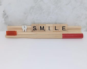 Smile Scrabble Tile Name Plate | Dental Gift, Gift for Dentist, Dental Hygienist, Red Toothbrush