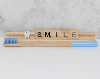 Smile Scrabble Tile Name Plate | Dental Gift, Gift for Dentist, Dental Hygienist, Light Blue Toothbrush