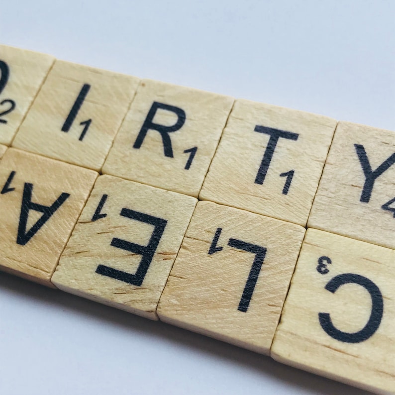 May include: Close-up of wooden letter tiles spelling out the words "CLEAN" and "DIRTY".