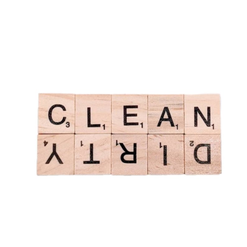 May include: Wooden letter tiles spelling out the word "CLEAN" and the word "DIRTY" in a two-row configuration.