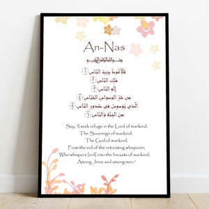 May include: A white printable poster with a black frame features an Islamic prayer, An-Nas, in Arabic script with a translation in English. The poster is decorated with floral designs in shades of pink, orange, and yellow.