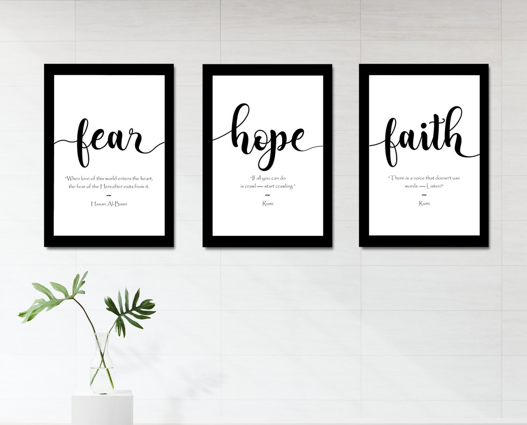 Set of 3 Islamic Art Fear Hope & Faith Islamic Quotes Islamic Wall Art ...
