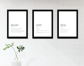 set of 3 prints Shukr Sabr & Dua Islamic art islamic wall art islamic gifts islamic quotes modern muslim gifts islam art Islamic gift