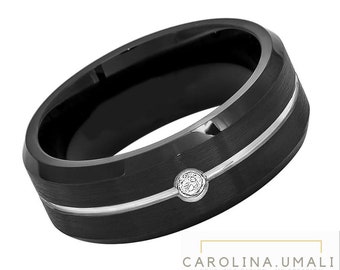Personalized Black Plated Tungsten Ring with one (1) Genuine Natural White Diamond approx. 2.3mm