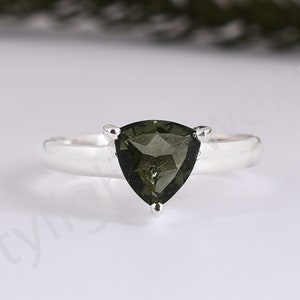 Moldavite Gemstone Antique Hand cut Trillion Shape Sterling Silver Girl's Women's Wedding Engagement Ring