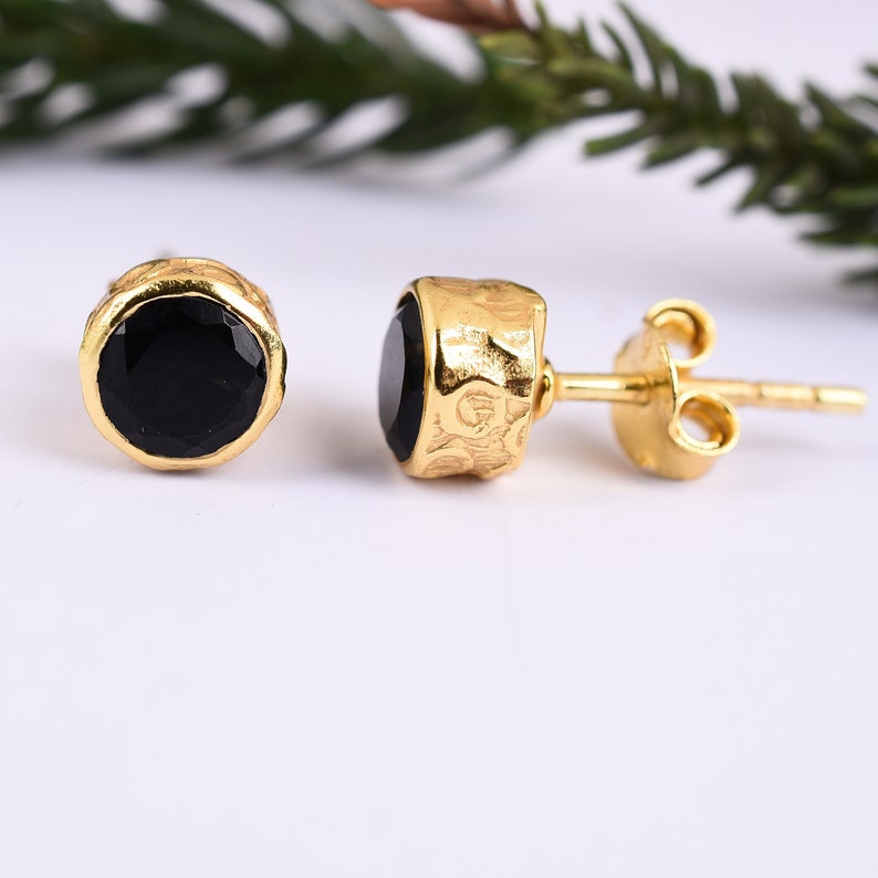 Black Onyx Stud Earrings Valentines Gift Black Stone Gold Studs 6 mm Round Black Onyx Stud Handmade Stud 18k Gold Plated Stud Earring
