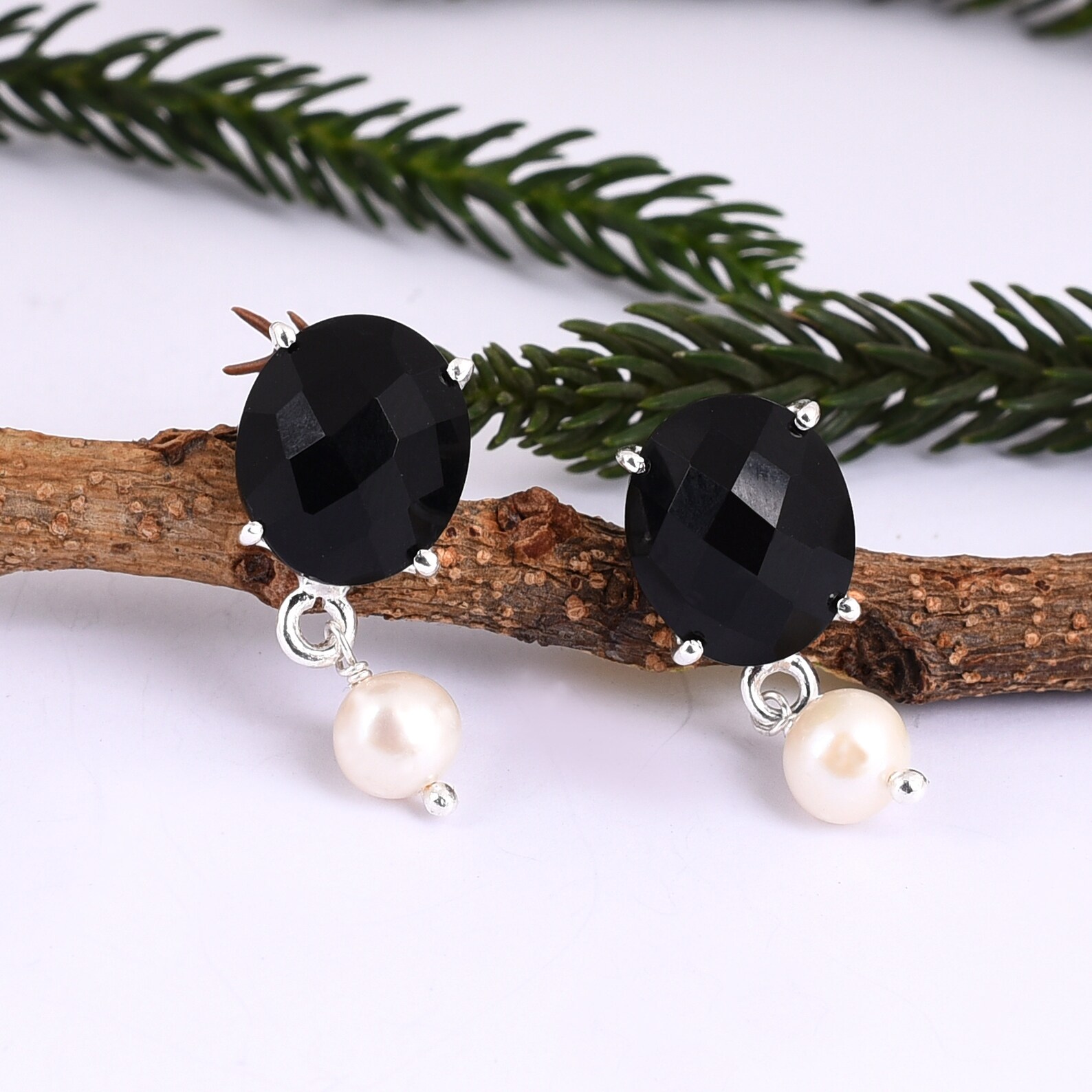 Black Onyx Pearl Stud Earrings Oval Black Onyx Stud Earring Etsy