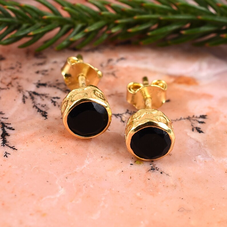 Black Onyx Stud Earrings Valentines Gift Black Stone Gold Studs 6 mm Round Black Onyx Stud Handmade Stud 18k Gold Plated Stud Earring