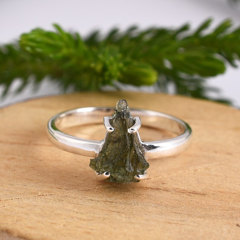 Certified Moldavite Moldavite 925 Sterling Silver Ring Authentic Moldavite Gift For Mother Raw Moldavite Moldavite Gemstone Silver Ring