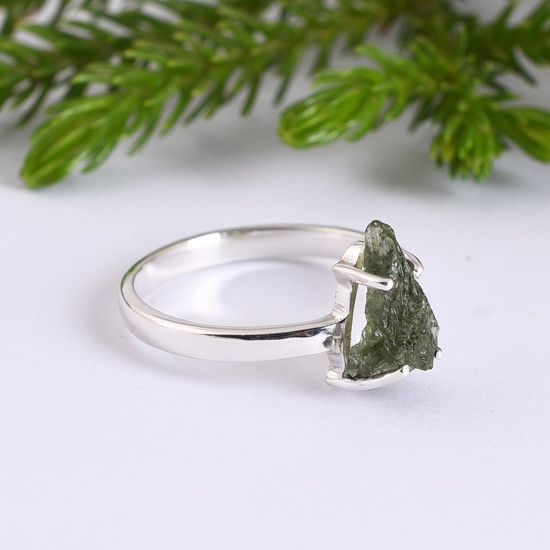Certified Moldavite Moldavite 925 Sterling Silver Ring Authentic Moldavite Gift For Mother Raw Moldavite Moldavite Gemstone Silver Ring