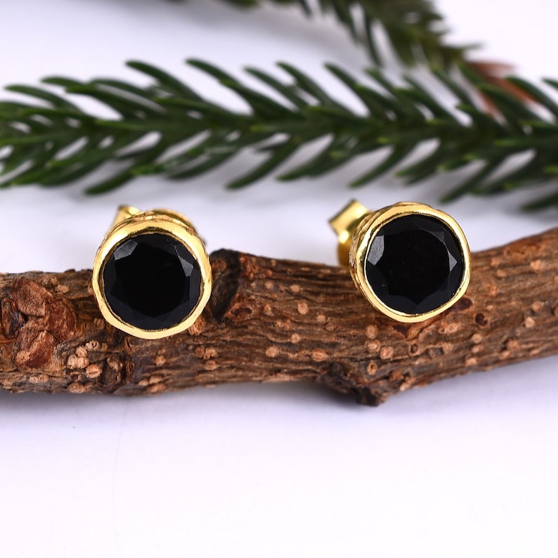 Black Onyx Stud Earrings Valentines Gift Black Stone Gold Studs 6 mm Round Black Onyx Stud Handmade Stud 18k Gold Plated Stud Earring