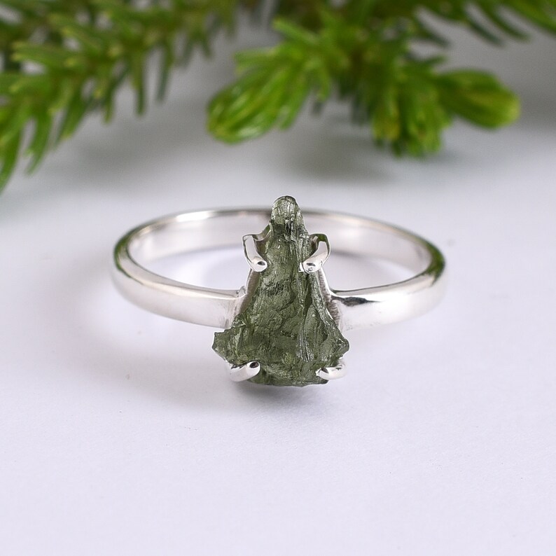 Certified Moldavite Moldavite 925 Sterling Silver Ring Authentic Moldavite Gift For Mother Raw Moldavite Moldavite Gemstone Silver Ring