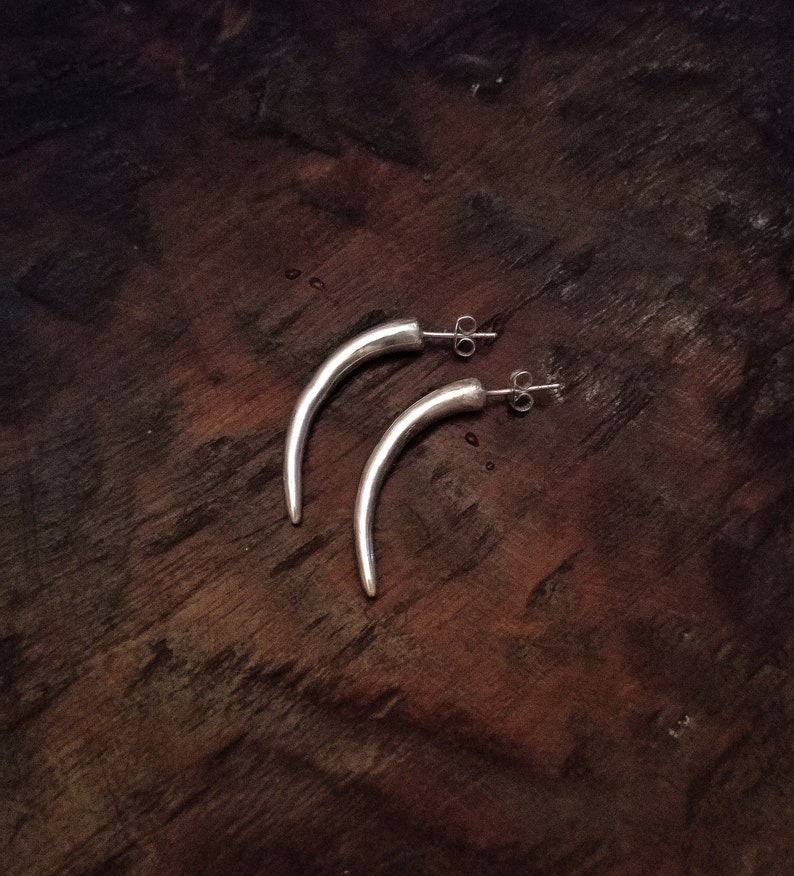 Sterling Silver Eclectic Tribal Elements Long Curved Tusk Earrings