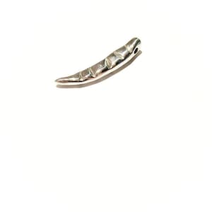 May include: A silver-colored, curved pendant with a textured surface. The pendant has a pointed end and a small hole at the opposite end, suggesting it is designed to be worn as jewelry. The design is abstract and modern.