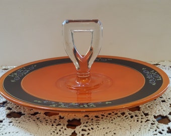 REDUCED - Art Deco Style Orange and Black Serving Dish with Center Handle