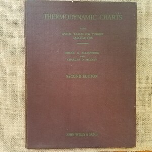 May include: A maroon book titled "Thermodynamic Charts" with the subtitle "Also Special Tables for Turbine Calculations". The book is by Frank O. Ellenwood and Charles O. Mackey and is the second edition. The book is published by John Wiley & Sons.