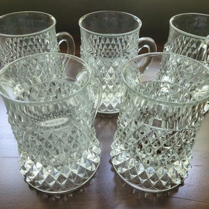 Indiana Glass Diamond Point Beer Mugs Clear with Handles - Five in Set