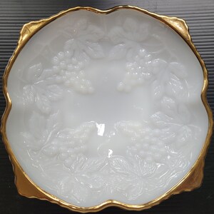 Anchor Hocking Milk White Grapes 8 1/2&quot; Squarish Bowl with Gold Trim - Two Available