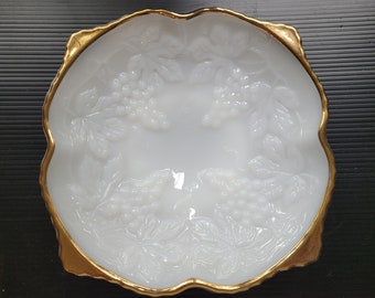 Anchor Hocking Milk White Grapes 8 1/2" Squarish Bowl with Gold Trim - Two Available