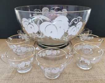 Vintage Anchor Hocking Punch Bowl Set: Savannah Pattern - 7 Piece