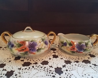 Royal Epiag Czechoslovakia Floral Cream and Sugar Bowl with Lid