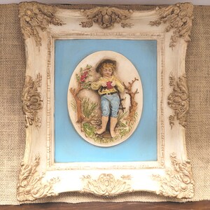 Chalkware Picture and Frame - 10&quot; By 11&quot; - Sweet Boy with Apple