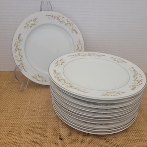 May include: A set of white ceramic plates featuring a floral pattern in gold and green hues. Each plate has a silver rim and a decorative border. One plate is displayed on a clear stand, highlighting the design. The plates are suitable for a dinner setting.