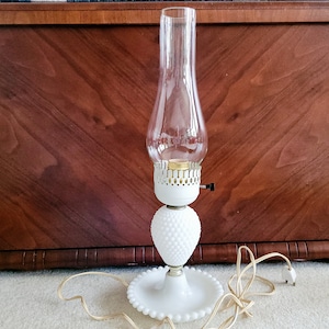 Milk Glass Hobnail Table Lamp with Clear Chimney - Mid-Century