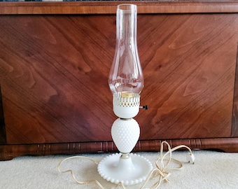 Milk Glass Hobnail Table Lamp with Clear Chimney - Mid-Century