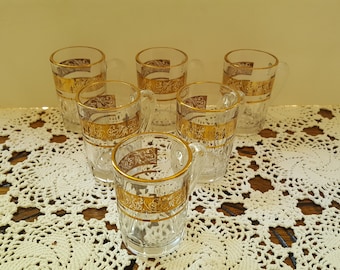 Six Glass Mini-Mugs/Shot Glasses with Gold Trim - France