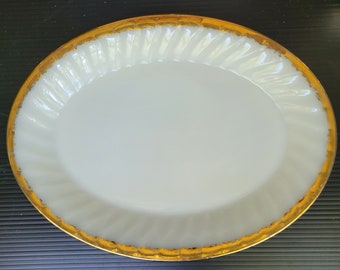 Fire King White Swirl Oven Ware 9" by 12" Platter - Gold Trim
