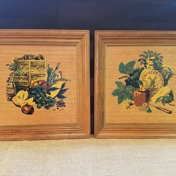 R F Harnett Still Life Fruit Paintings on Wood - Framed Pair