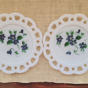 Two Hazel Atlas Milk Glass Lace Edge Hand Painted 8 3/8&quot; Plates
