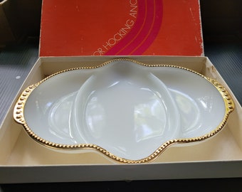 Fire King Milk White Relish Dish with Gold Trim - Original Box