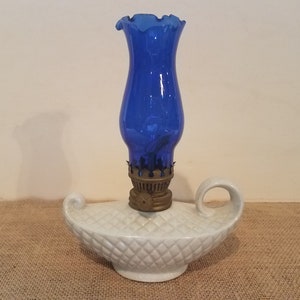 REDUCED - Aladdin Shaped Small White Ceramic Lamp with Cobalt Globe