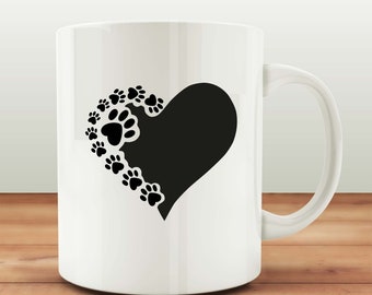 Pet Paw Print Black Heart Coffee Mug - Ceramic Cup - Funny Pet Gift - 15oz