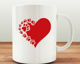 Pet Paw Print Red Heart Coffee Mug - Ceramic Cup - Funny Pet Gift - 15oz