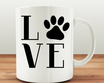 Love With Paw Print Coffee Mug - Ceramic Cup - Funny Pet Gift - 15oz