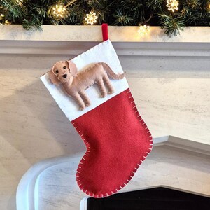 May include: A red and white felt Christmas stocking with a felt dog appliqué. The dog is light brown with a white chest and black nose.