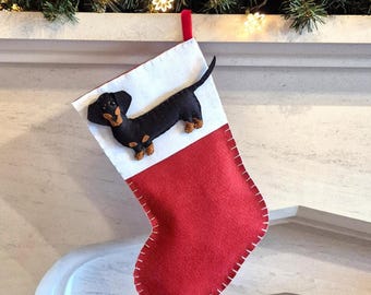 Custom Dachshund/Sausage Dog Christmas Dog Stocking | Personalised felt dog Christmas stocking/sack | Gift for dog owner | Weiner portrait |