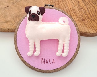 Custom Pug hoop decoration | Personalised felt dog ornament | Custom gift for dog owner/lover | Dog portrait | Dog replica | Embroidery |