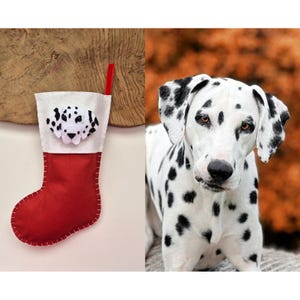 May include: A red felt Christmas stocking with a white felt Dalmatian dog face appliqu&eacute;. The stocking is hanging on a wooden surface.