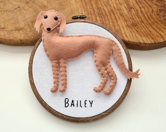 Custom Saluki hoop decoration | Personalised felt dog ornament | Custom gift for dog owner/lover | Dog portrait | Dog replica | Embroidery